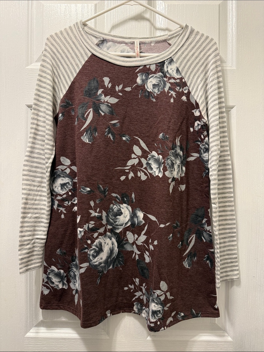 My Story Burgundy Floral Raglan Long-Sleeve Tee with Cream Stripe Sleeves